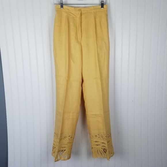 JSong Linen Eyelet Hem Full Length Pants Size 10 Fully Lined Yellow Pockets Zip - Picture 9 of 9